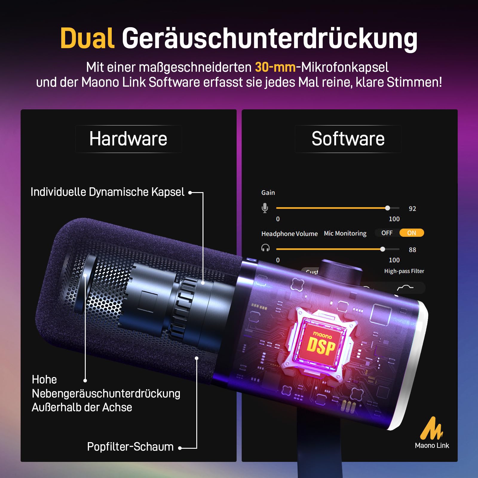 MAONO XLR-USB Streaming Mikrofon mit Arm: Dynamisches Mikrofon mit Software, Stummschalttaste, Gain-Regler, für Podcast, PC Gaming, Aufnahme, YouTube-Inhaltserstellung, Chat, PS4-5 Mac Mixer (PD100XS)