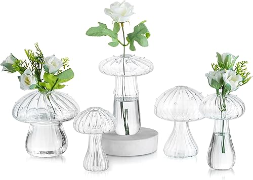 Glasseam Jarrón de hongos para flores, bonito juego de 5, jarrones pequeños únicos para decoración, jarrones de vidrio transparente hechos a mano