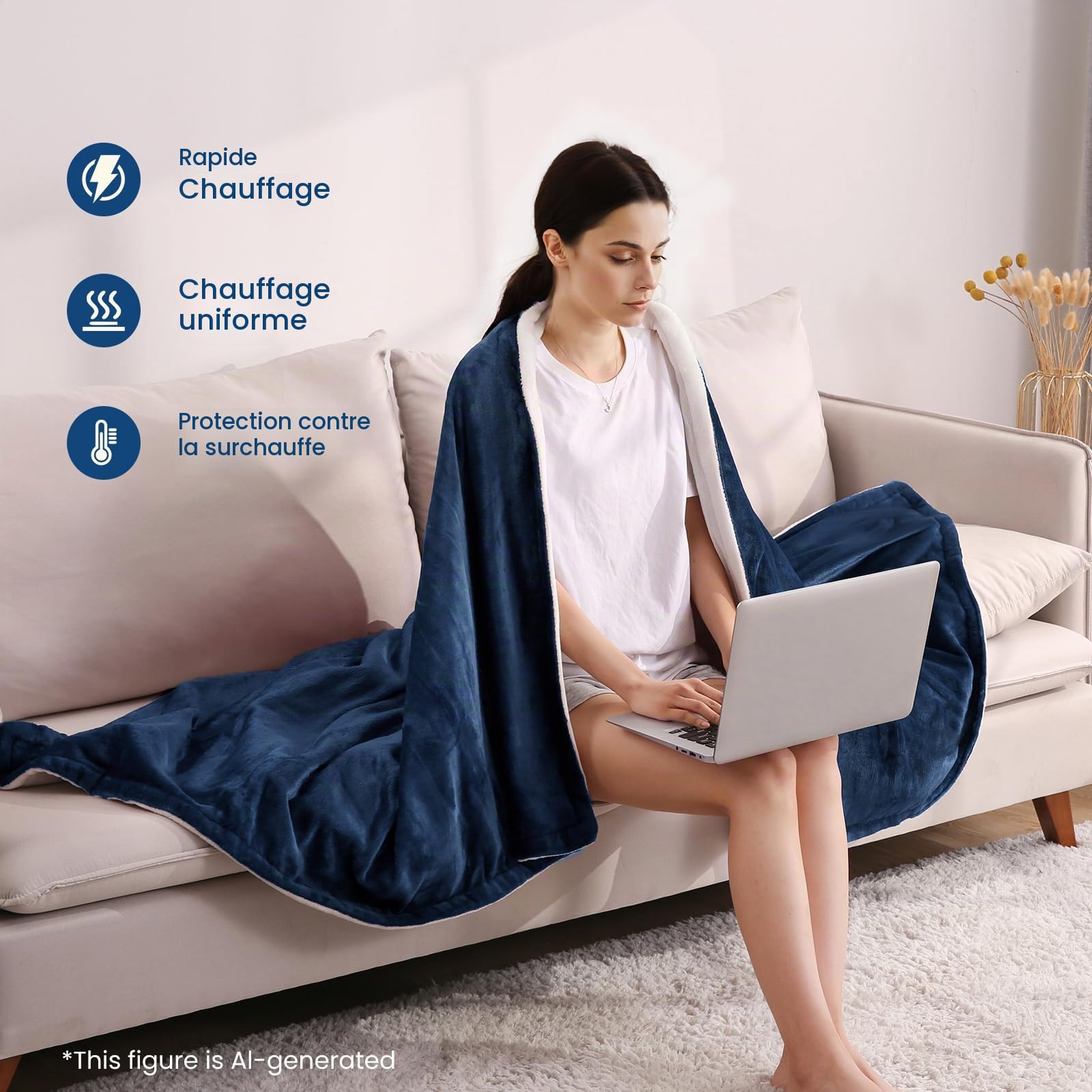 CURECURE Couverture Chauffante électrique en Flanelle Douce avec 4 Niveaux de Chauffage et 10 Heures d'arrêt Automatique, 130 x 180 cm, pour Bureau à Domicile, Interrupteur Amovible, Lavable - Bleu