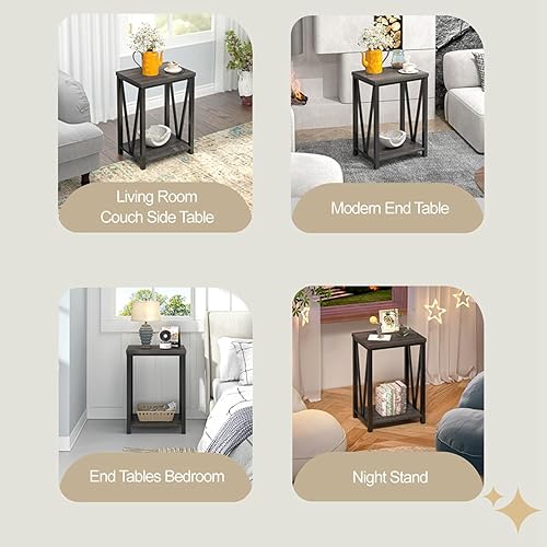 Miniatura 5 de FOLUBAN Mesa auxiliar pequeña, mesa auxiliar de madera rústica y metal con almacenamiento, mesita de noche vintage para sala de estar, dormitorio,