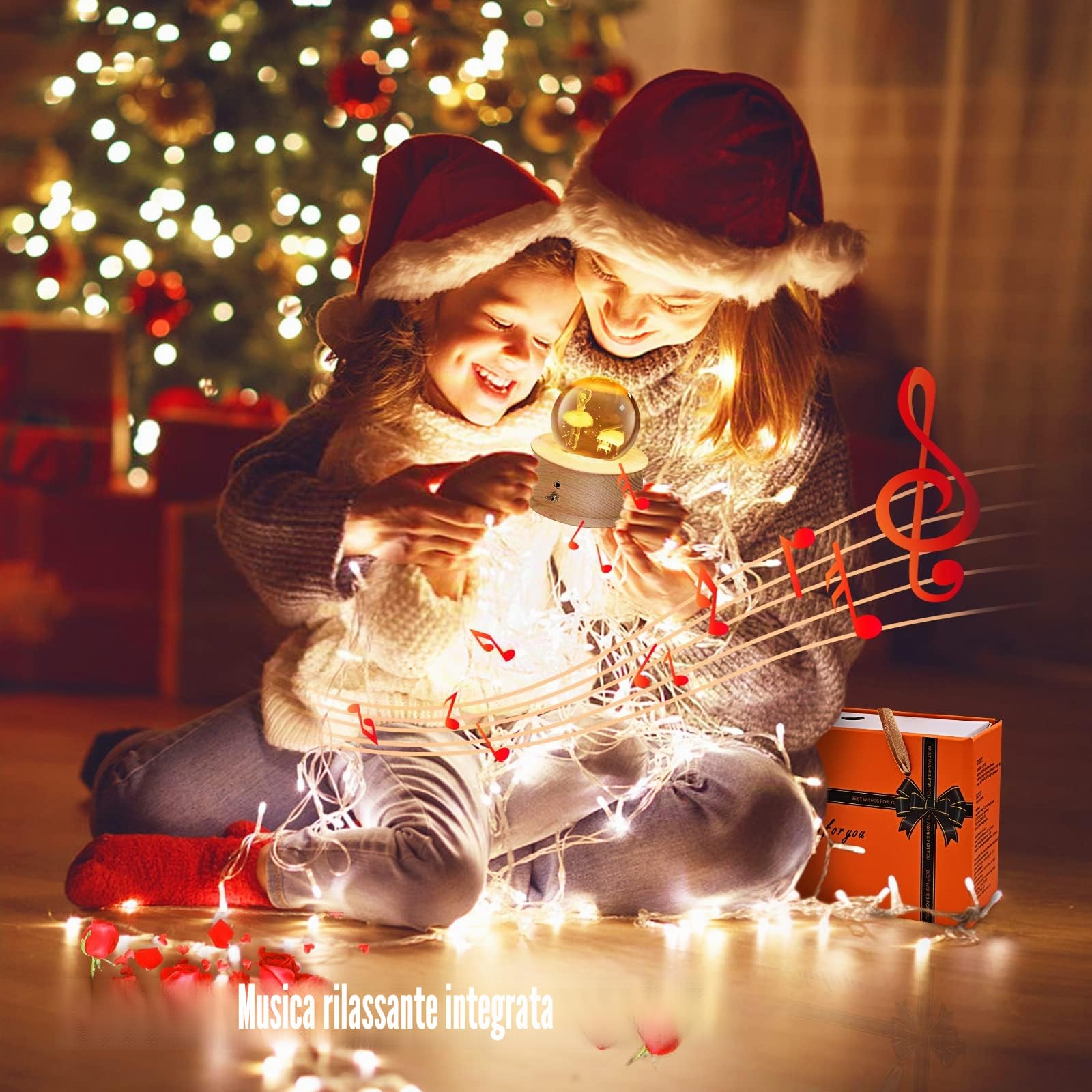 Wholede Carillon in Legno con Sfera di Cristallo Rotante a 360°, Funzione di Proiezione di Luce Calda, Musica Rilassante, Lampada a LED, Idea Regalo da Donna, per Il Compleanno e la Festa della Mamma