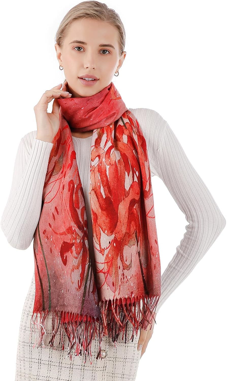 XINYUN Women's Fashion Scarf with Art Printed Tassel Soft Cashmere Warm Large Blanket Wrap Shawl for gift - Image 5