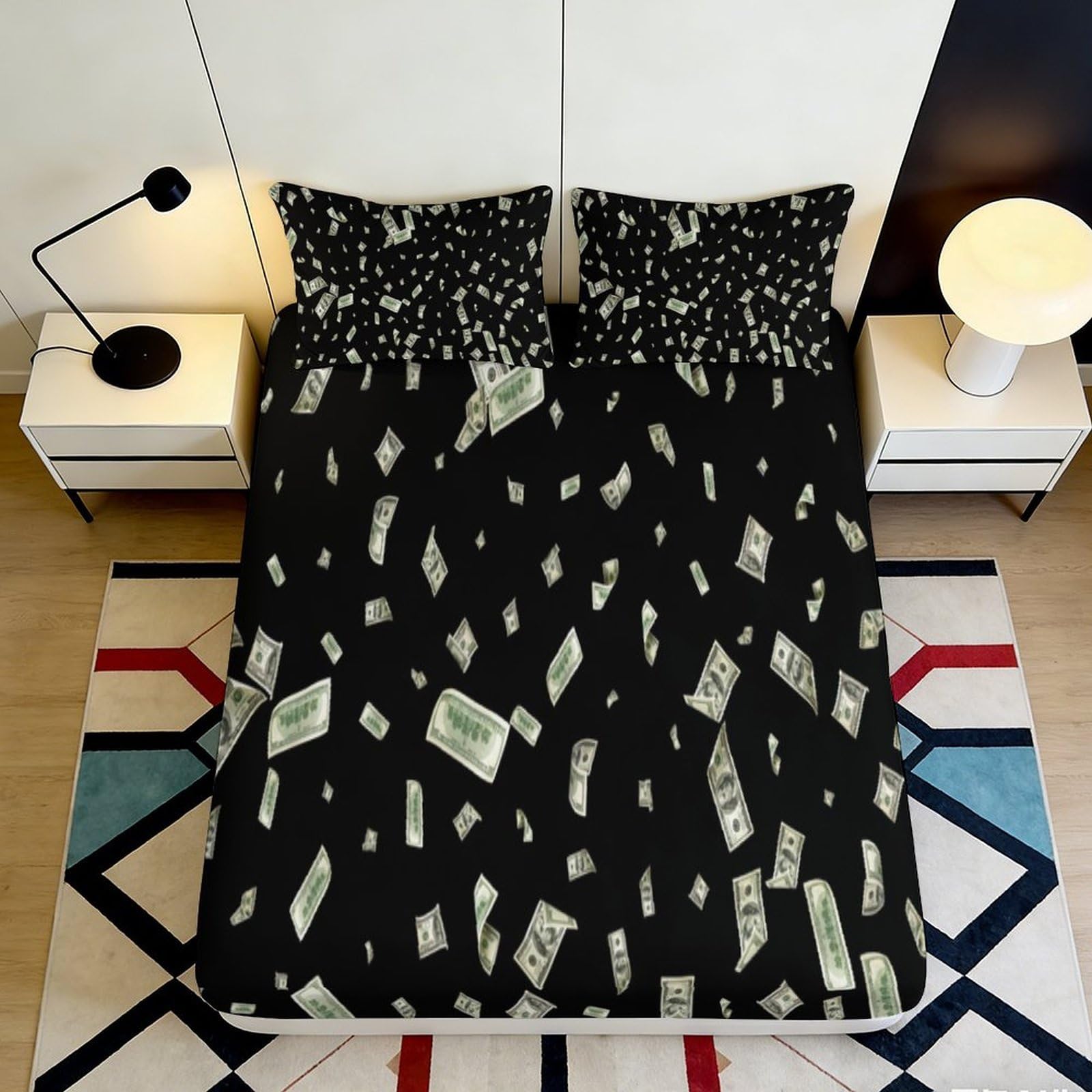 3D Printed Money Pattern Fitted Sheet Microfiber Soft Black Currency Bed Sheet for Bedroom Dorm Decor 90x200x25cm