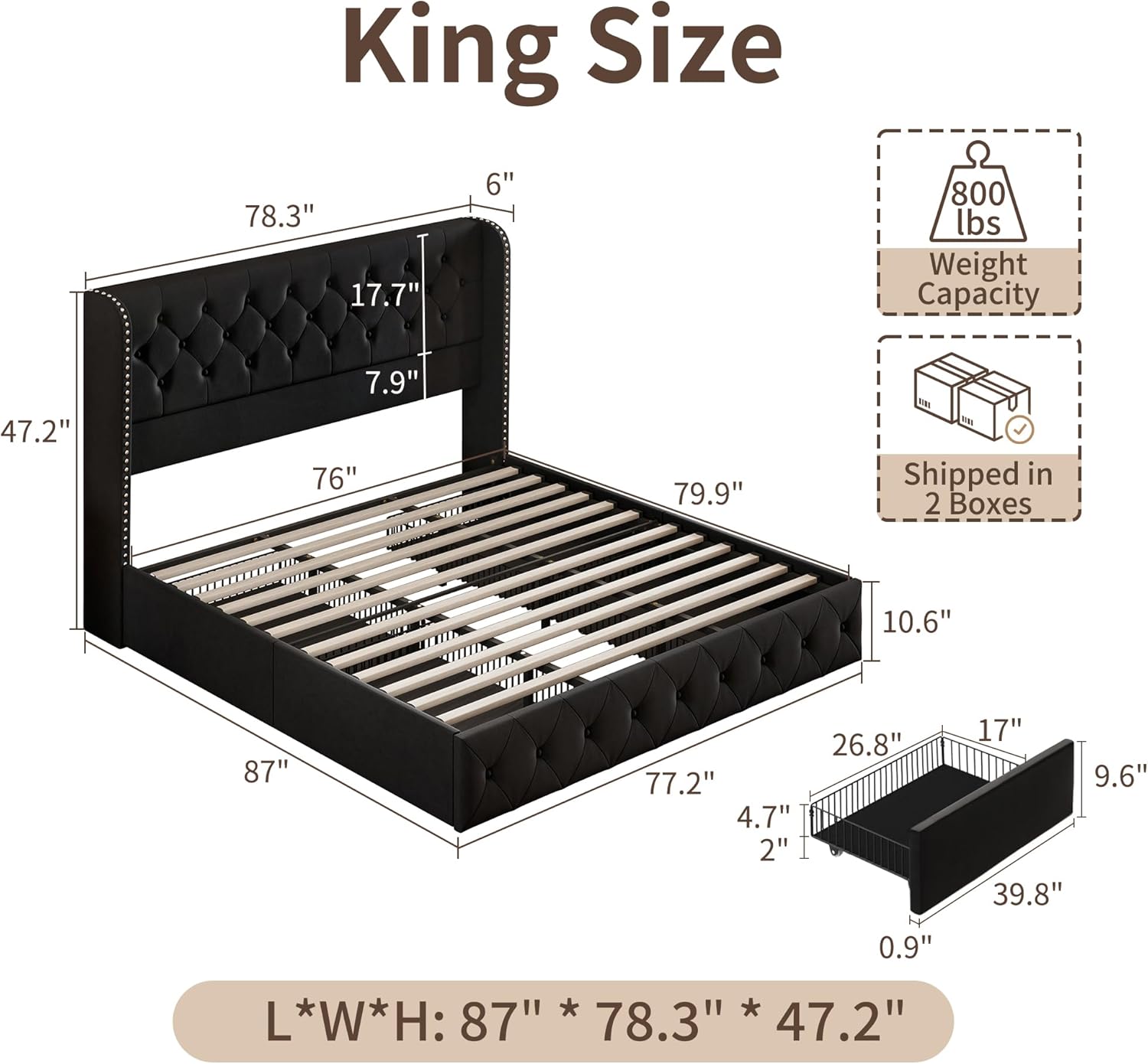BRELTAM King Size Bed Frame with 4 Storage Drawers and Wingback Headboard Velvet Upholstered Platform Bed Frame Tufted Bed with Heavy Duty Wood Slats, Easy Assembly, Noise Free, Black