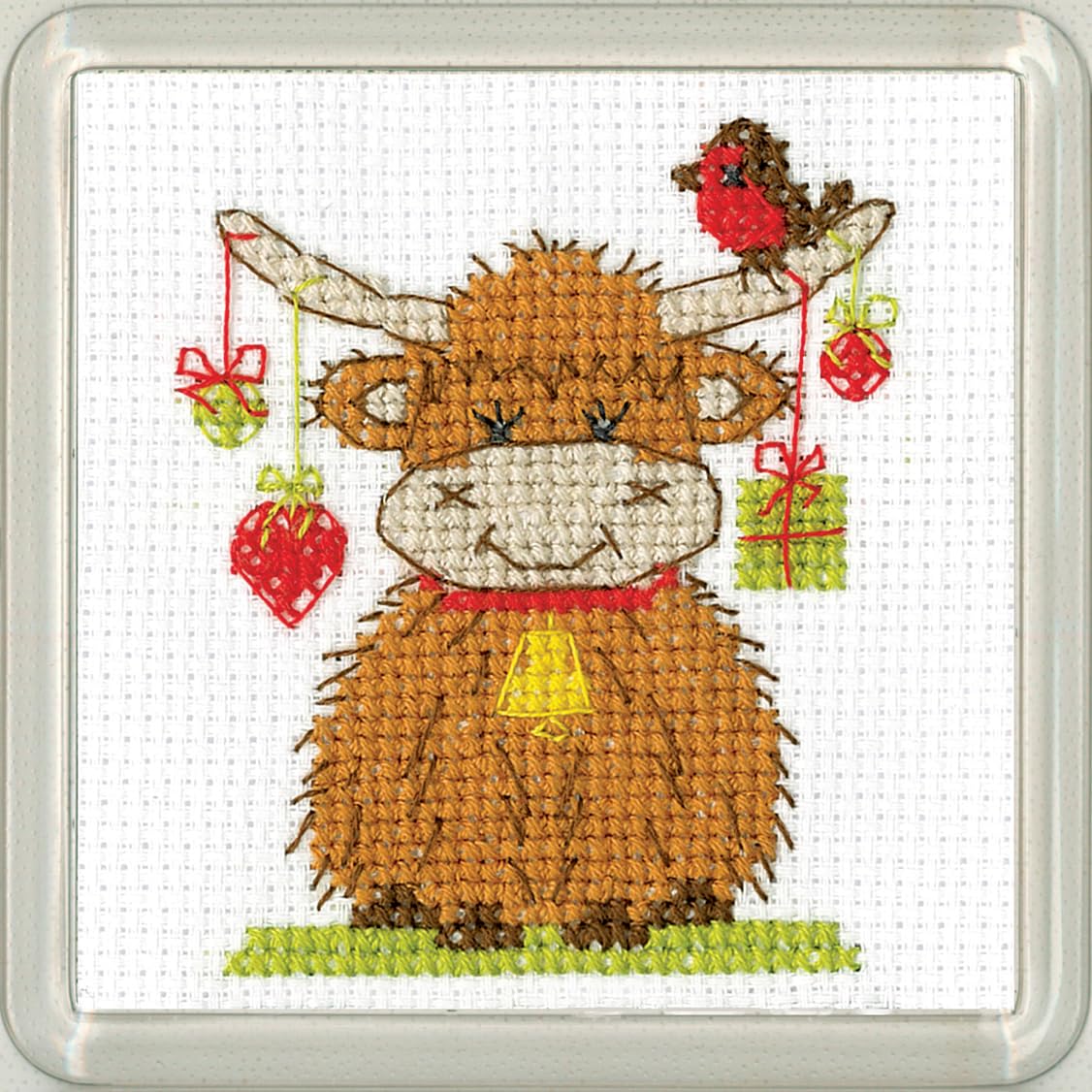 Heritage Crafts N/A Christmas Coaster Cross Stitch Kit - Highlad Cow Heart Coaster - Kirste Roche Desigs