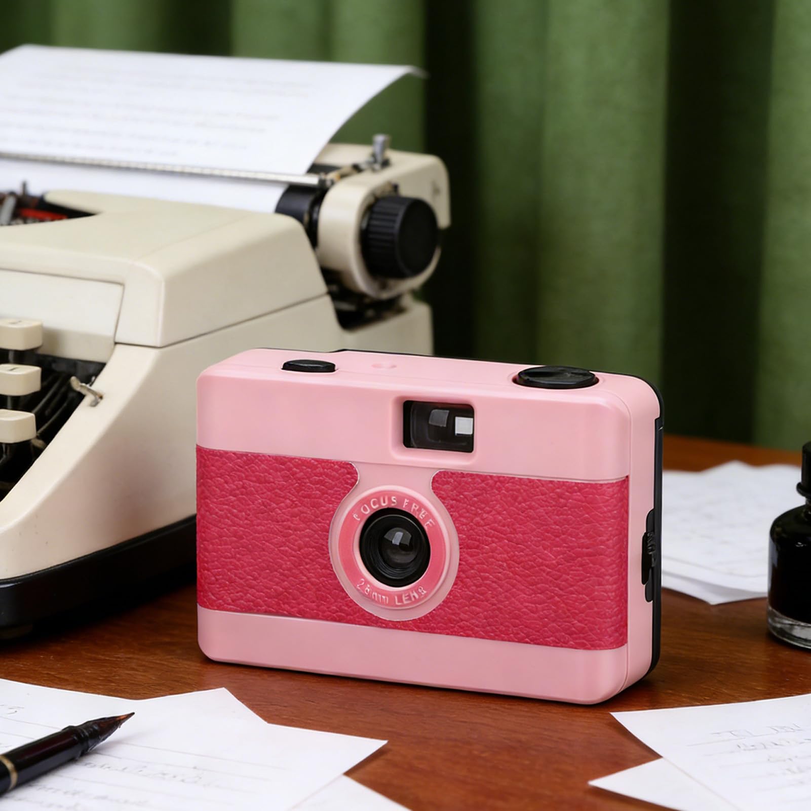 Dpofirs Vintage 35 Mm Filmkamera, Wiederverwendbare Kamera mit Eingebautem Blitz, Manuellem Fokus, 28 Mm F/8 Objektiv für Reisefotografie und Kreative Aufnahmen (PINK)
