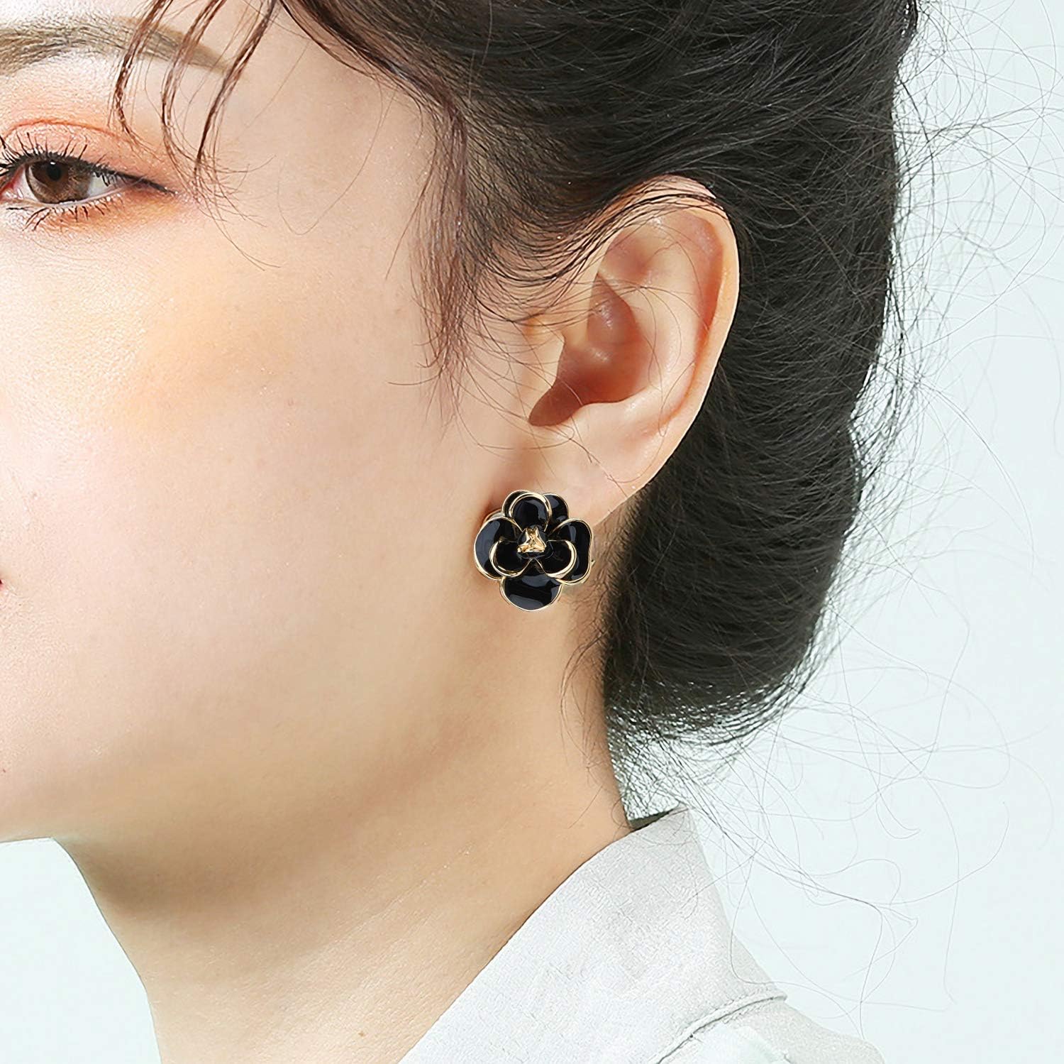 Classic Enamel Camellia Clip Earrings Elegant Flower Hypoallergenic Non Pierced Earrings 925 Silver Stud Earrings for Women Bridal - Image 4