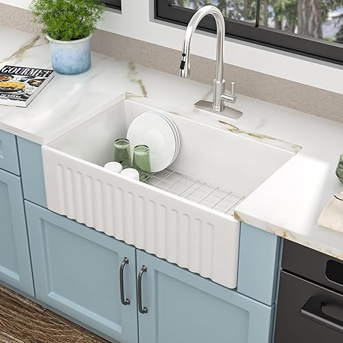 33"x18" White Farmhouse Kitchen Sink – Reversible Apron Front Fireclay Single Bowl Farm Sink, White Ceramic Porcelain Farmer Style Basin