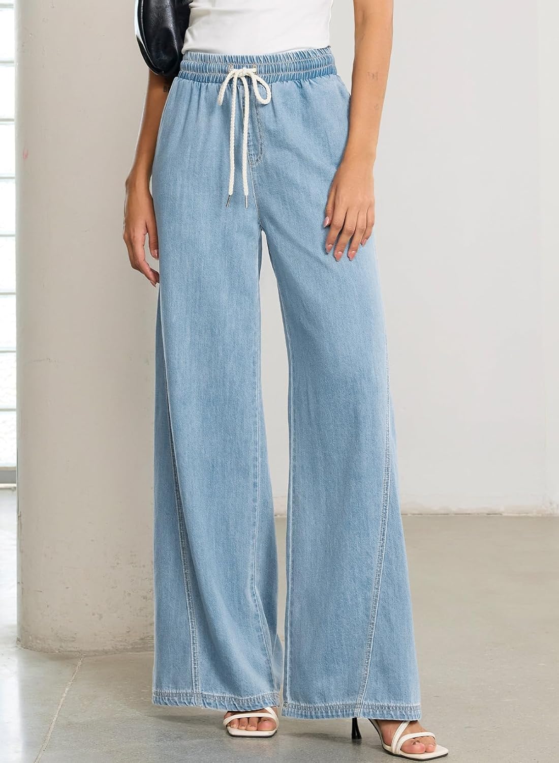 Sidefeel Women's Wide Leg Baggy Jeans High Waisted Elastic Waist Loose Fit Drawstring Long Denim Pants - Image 4