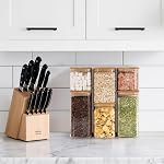 ComSaf Airtight Glass Storage Canister with Bamboo Lid (650ML/1.1L/1.5L) Set of 6, Clear Food Storage Container Kitchen Pantry Storage Jar for Flour Cereal Sugar Tea Coffee Beans Snacks, Square