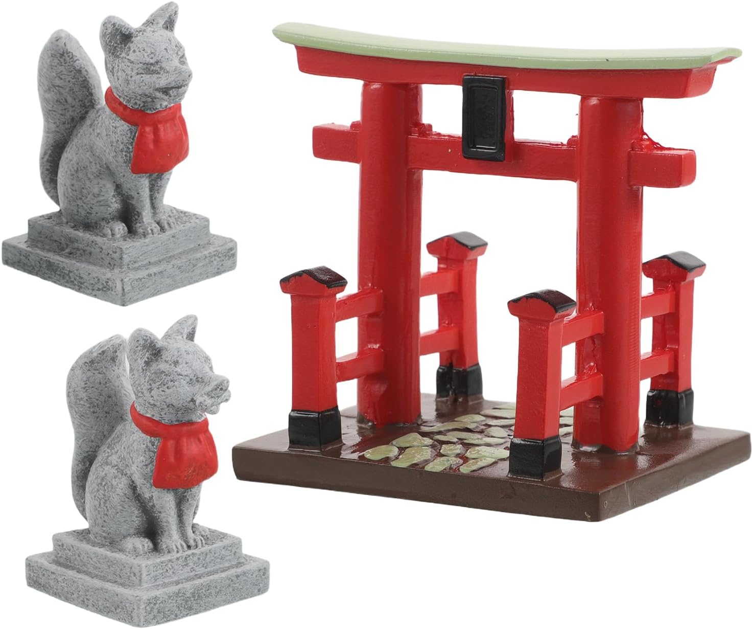 LOGOFUN 2Sets Miniature Japanese Torii Gate Shinto Shrine with Sacred Fox Figurine for Garden Moss Micro Landscape Decor Bonsai Accessory
