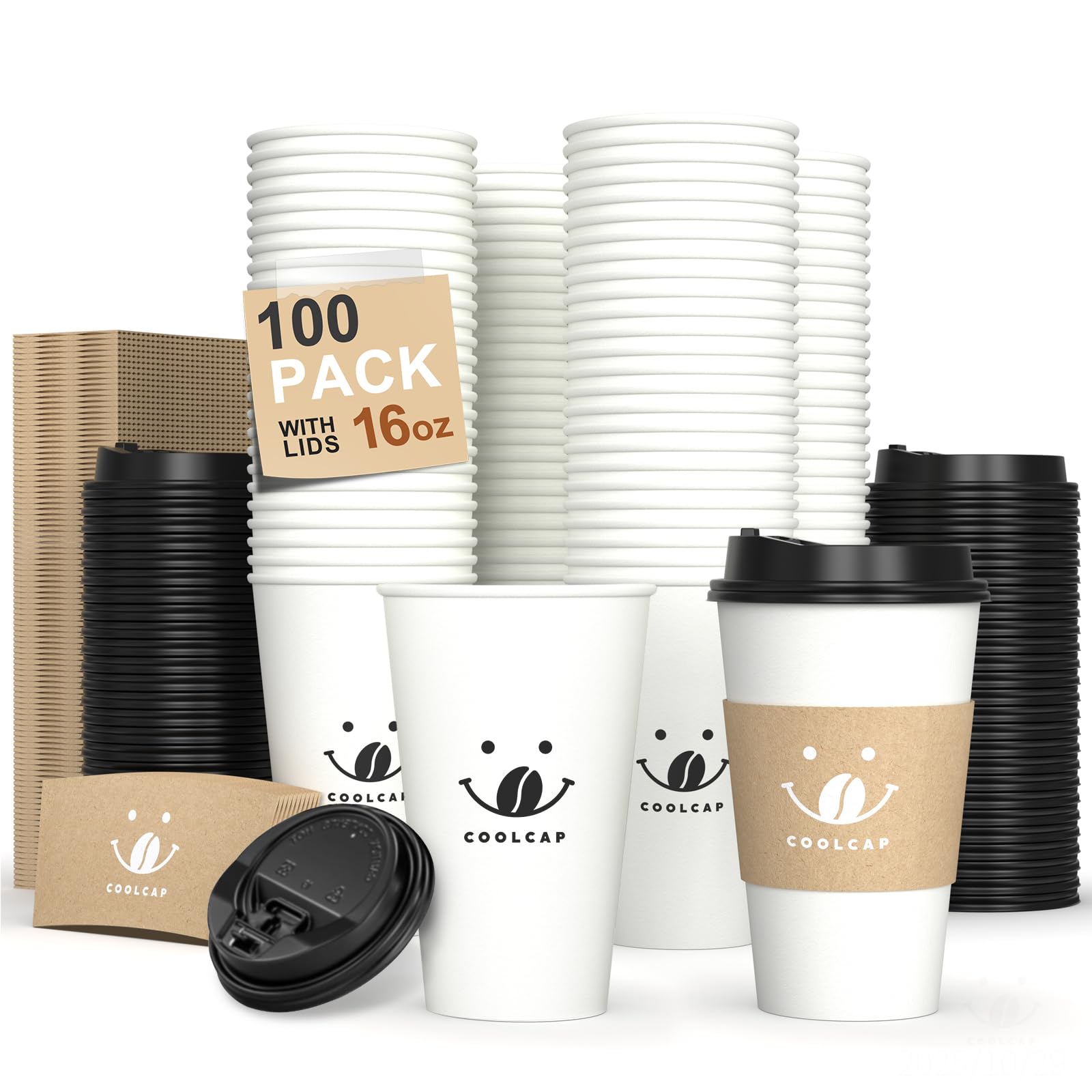 Coolcap Coffee Cups with Lids and Sleeves 16 Ounce 100 pack To Go Coffee Cups with Lids Disposable