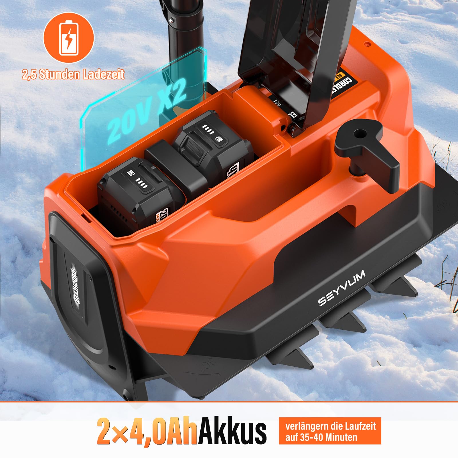 Akku Schneefräse,40V elektrische Schneefräse Akku 2× 4.0Ah mit Ladegerät,Arbeitsbreite 40 cm, maxSchneehöhe 30 cm,bis 6m Auswurf,30° Verstellbarer Auswurfkanal für Gehwege,Einfahrten