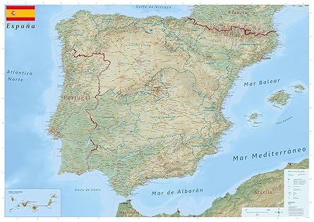 GeoMetro Large map of Spain with full lamination wall map 46,80 x 33 inches, Spain regions states, Highways, with Portugal, updated version
