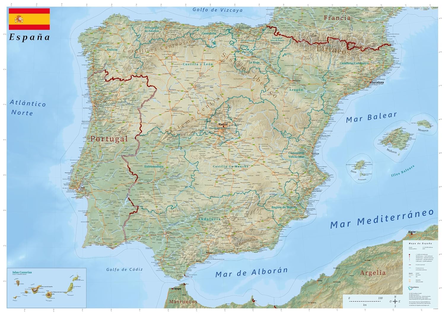 Mapa de España físico y político gigante de 119x84 cm con regiones autónomas plastificado