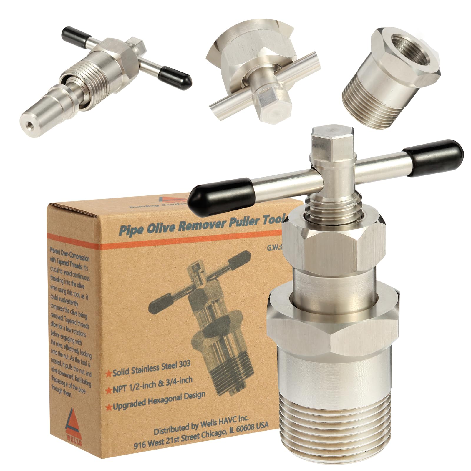 Wells Olive Remover Puller Tool for 1/2 inch 1 inch Plumbing Tools Compression Sleeve Puller Tool 303 Stainless Pipe Olive Puller Ferrule Puller