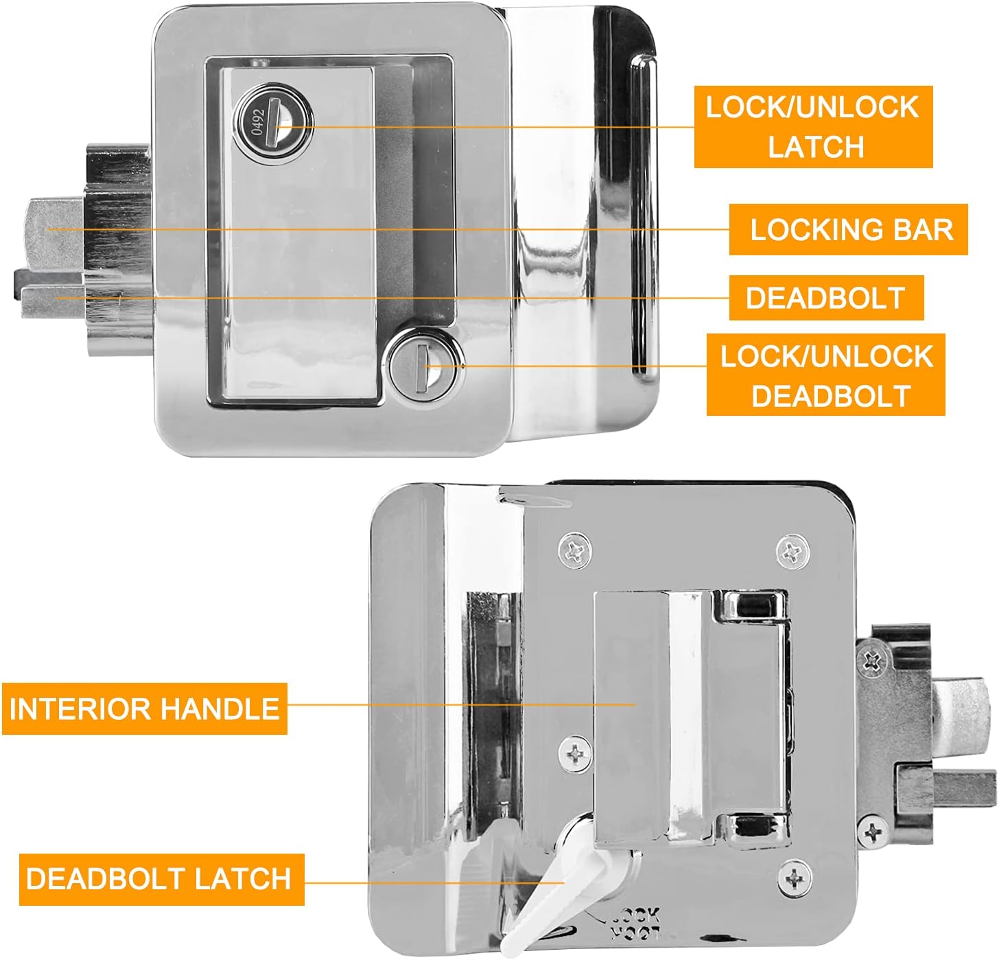 VOGREX RV Door Lock, Travel Trailer Entry Door Lock with Paddle Deadbolt, Camper Door Latch Handle with 4 Keys, Chrome Trailer Door Lock for Camper Travel Trailer RV