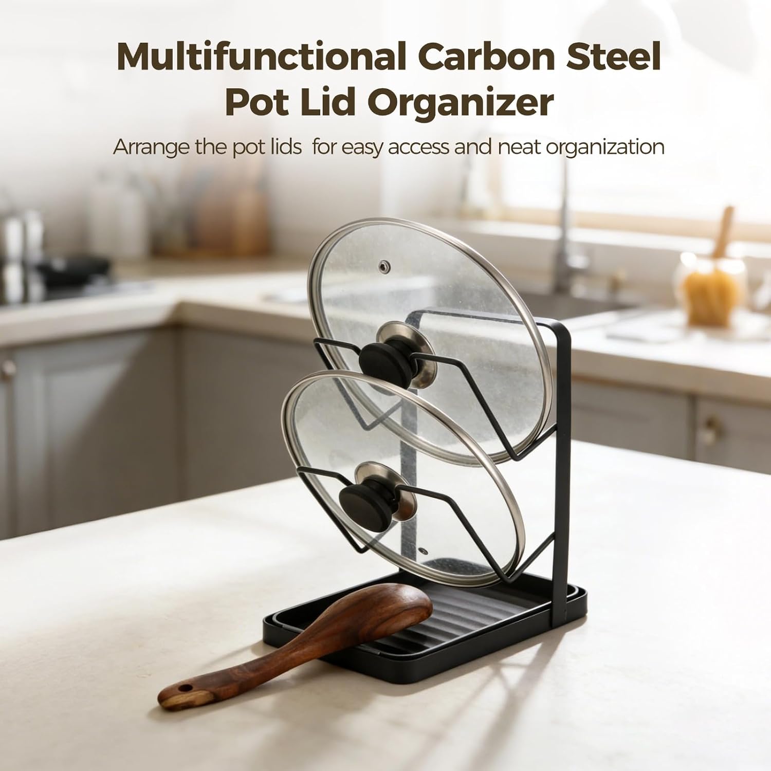 Multifunctional Carbon Steel Pot Lid Organizer, 2-in-1 Pan Lid and Cutting Board Holder, Kitchen Pot Lid Storage Rack with Drain Tray, Two-Compartment Spatula Holder for Counter Stove