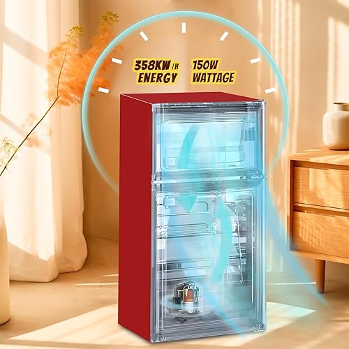 Miniatura 6 de Nevera pequeña con congelador Mini refrigerador de doble puerta Estantes de vidrio extraíbles 7 Temp Gear Mango desmontable Rojo