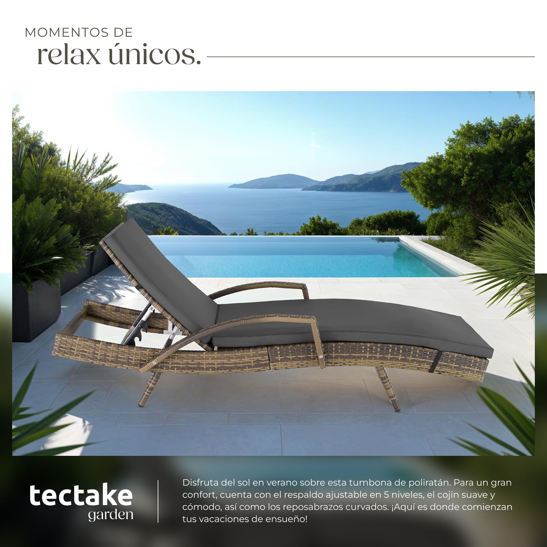 tectake® Tumbona Jardín Exterior de Ratán y Aluminio, Tumbona de Piscina con Respaldo Regulable en 5 Posiciones, Tumbona de Playa Impermeble y Resistente a Intemperie, Fácil Limpieza - Natural