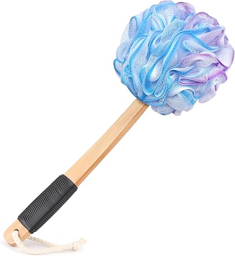 Miniatura 8 de Luffa de malla suave de polietileno con mango de madera antideslizante, hecho de material de goma suave y resistente, depurador de espalda para