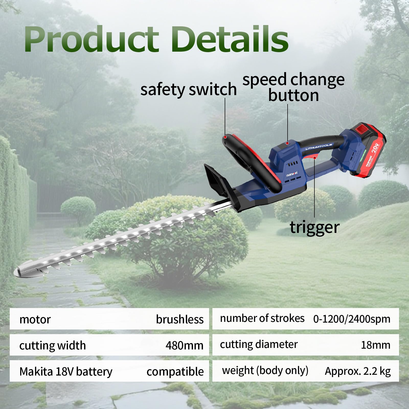 NANWEI Cortasetos inalámbrico de 19 pulgadas compatible con batería, 2 cuchillas de 4000 mAh, 20 V de doble acción, espacio de hoja de 0.7 pulgadas, 2 cortasetos eléctricos de velocidad variable para