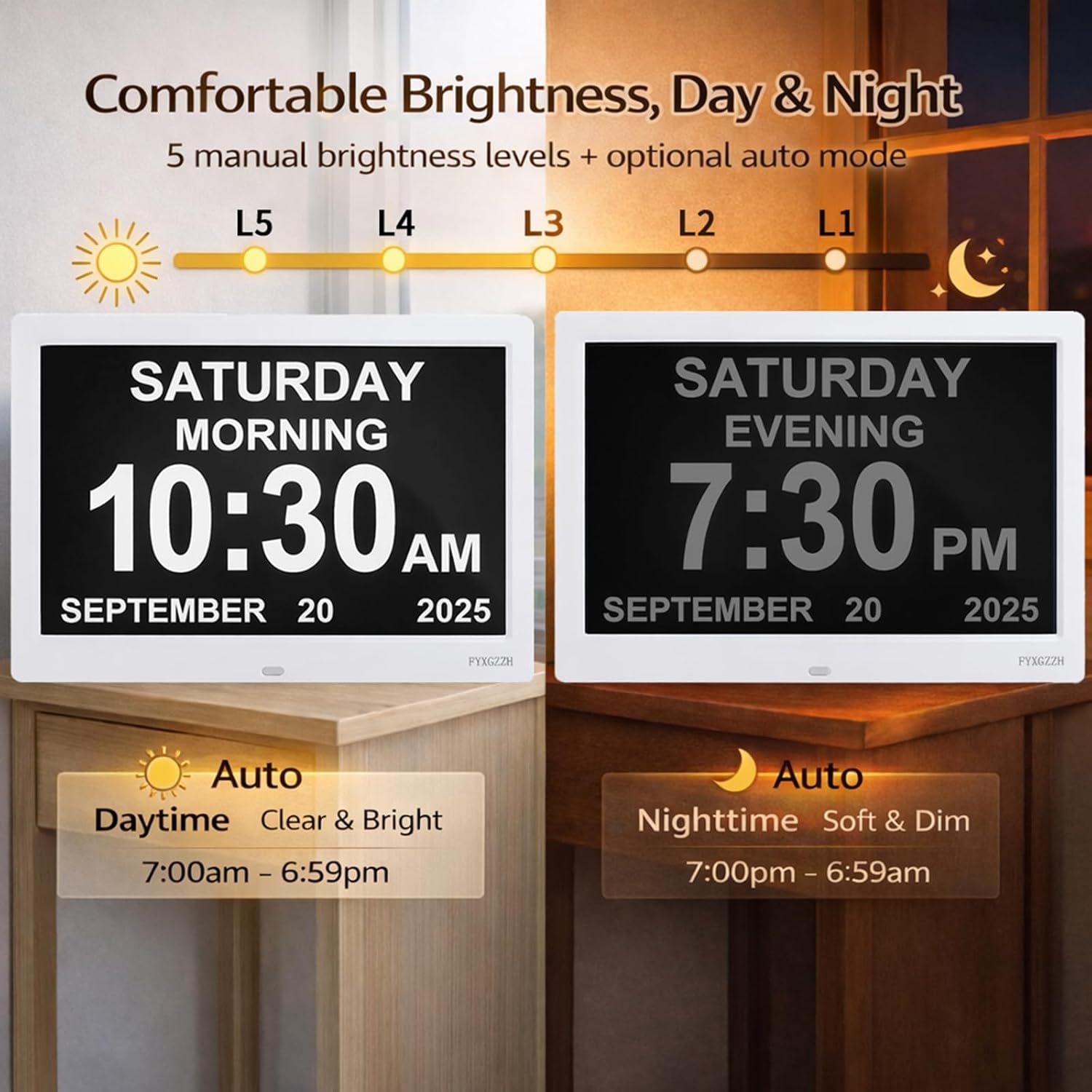 11.5'' Dementia Clocks for Seniors Extra Large, Clock with Day and Date for Elderly, 20 Alarm Reminders, Easy-to-Read, Simple Setup, Adjustable Brightness, DST, White Case