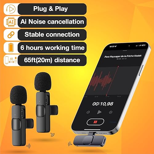 Miniatura 3 de PowerDeWise Micrófonos Lavalier inalámbricos para iPhone, cancelación de ruido, Plug & Play, paquete de 2