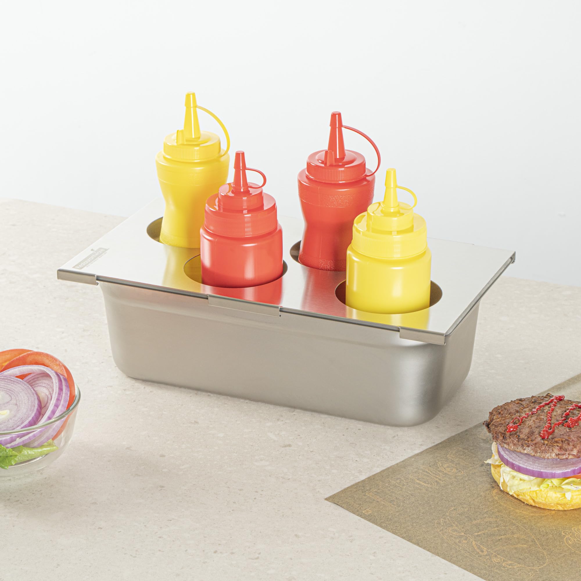 Stainless Steel Squeeze Bottle Holder - 4 Hole Condiment Organizer -6