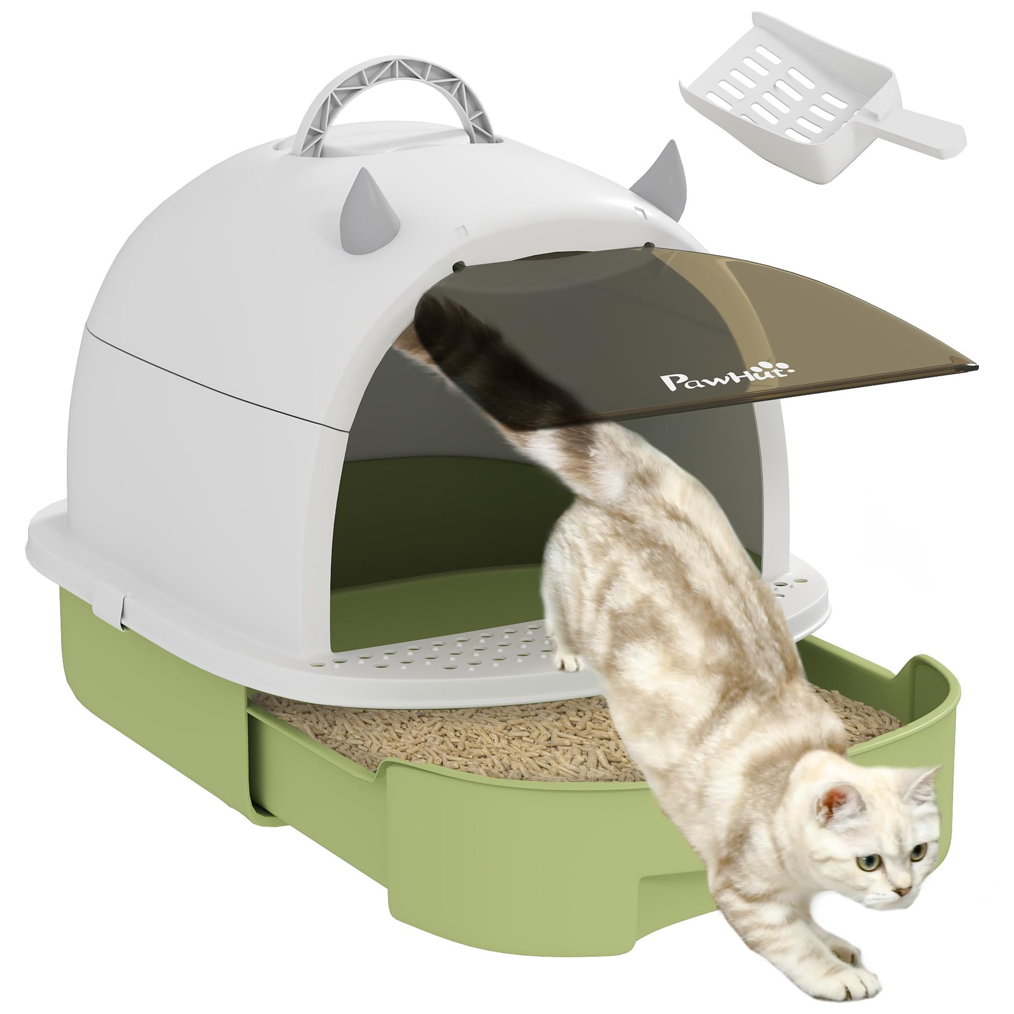PawHut Arenero para Gatos Cubierto Caja de Arena para Gatos Arenero Cerrado con Tapa Removible Bandeja Extraíble Filtro de Carbono Pala y Asa Superior 40,5x52x39 cm Blanco y Verde