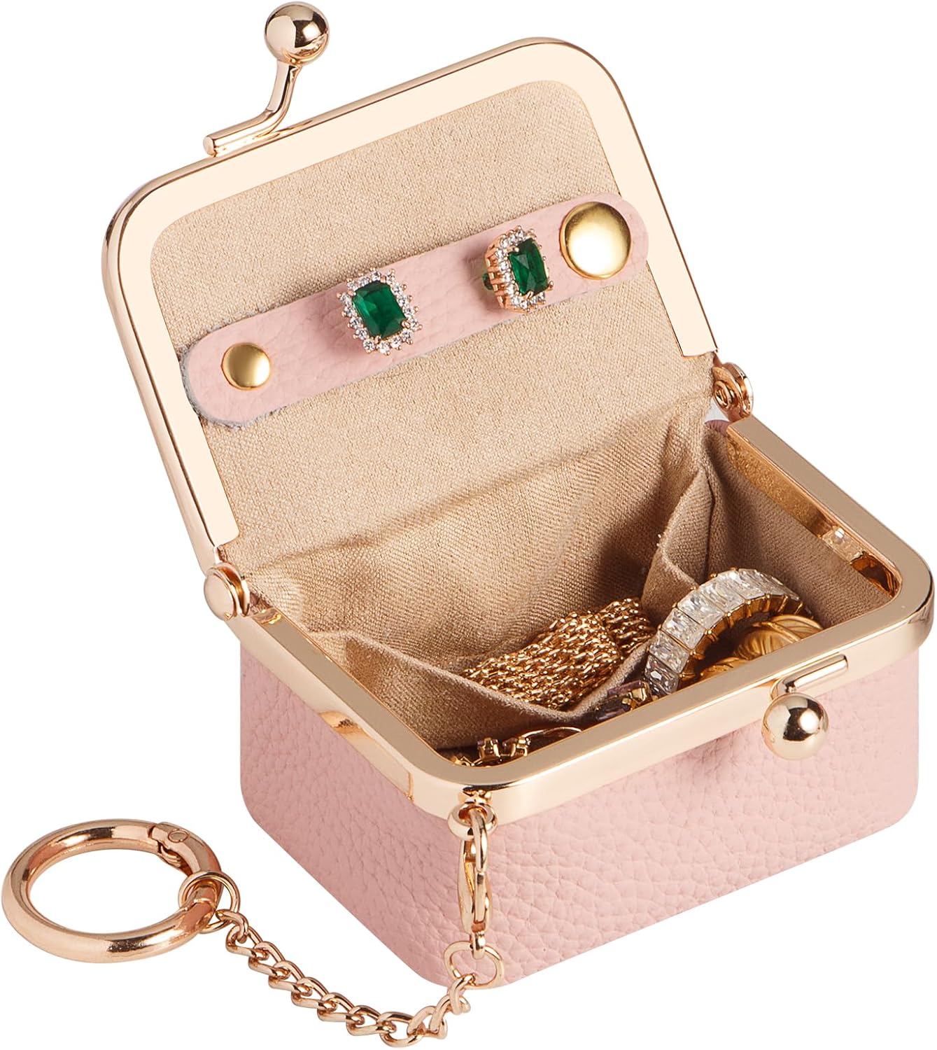 Royal Bagger Women's Mini Jewelry Box & Coin Purse with Removable Chain, Genuine Cowhide Leather, Kiss Lock Small Jewelry Storage for Rings, Earrings, Necklaces & Small Valuables 9894 (Light Pink) image 4