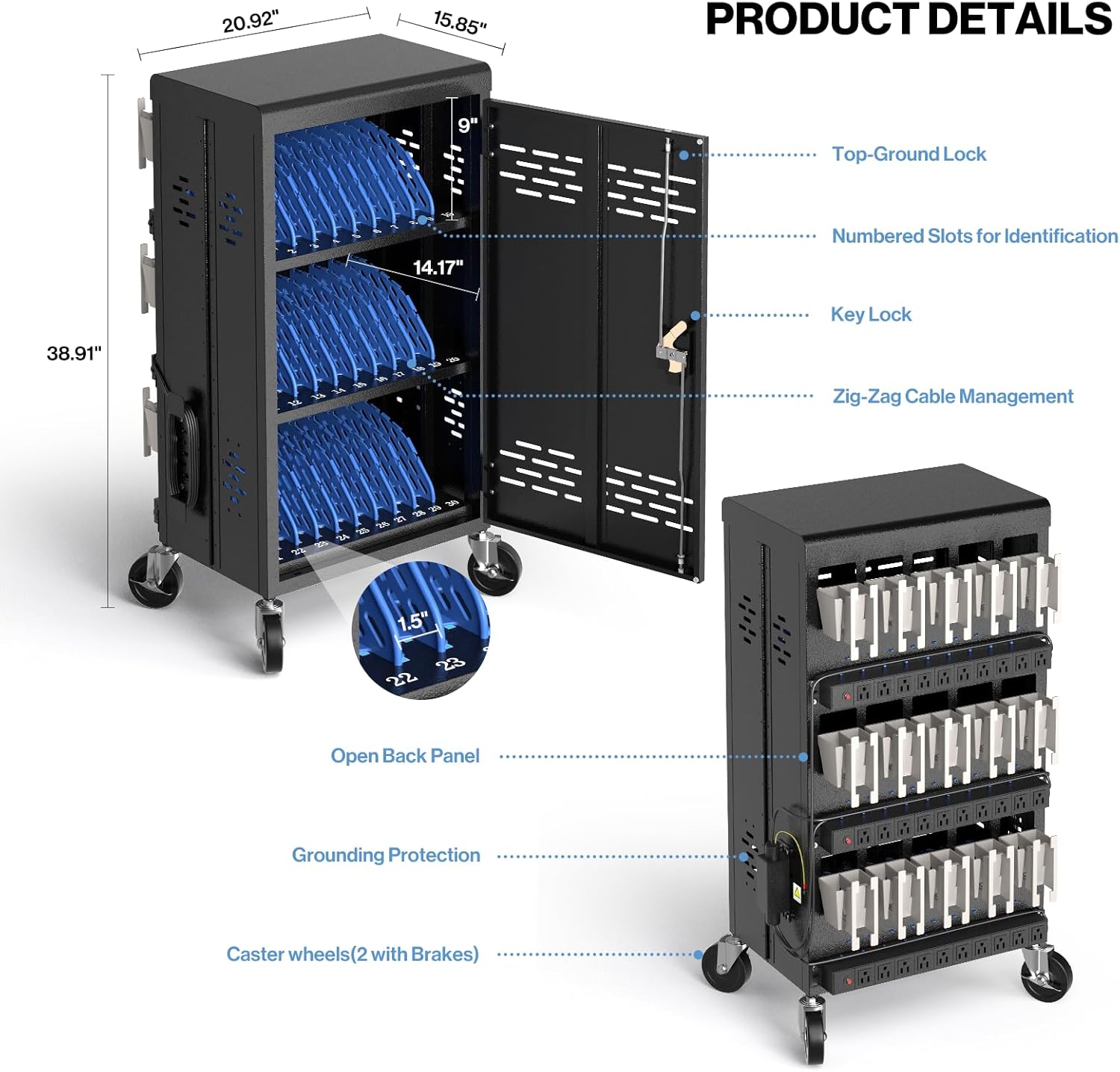 POCHAR 30 Unit Device Laptop Charging Cart for Chromebooks, Tablets, and Laptops for K-12 Education Classrooms, and Libraries, —Open-Back Design, Grounding Protection, Easy Assembly image 4