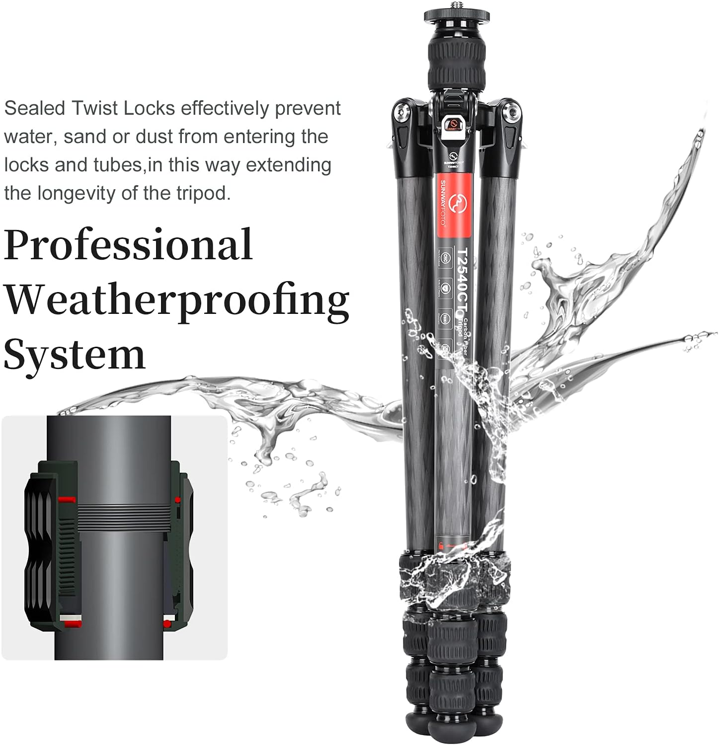 SUNWAYFOTO T2540CT Tripod for Camera Travel Tripod, Carbon Fiber Portable, Waterproof Reverse Folding 13KG Load Capacity : Electronics