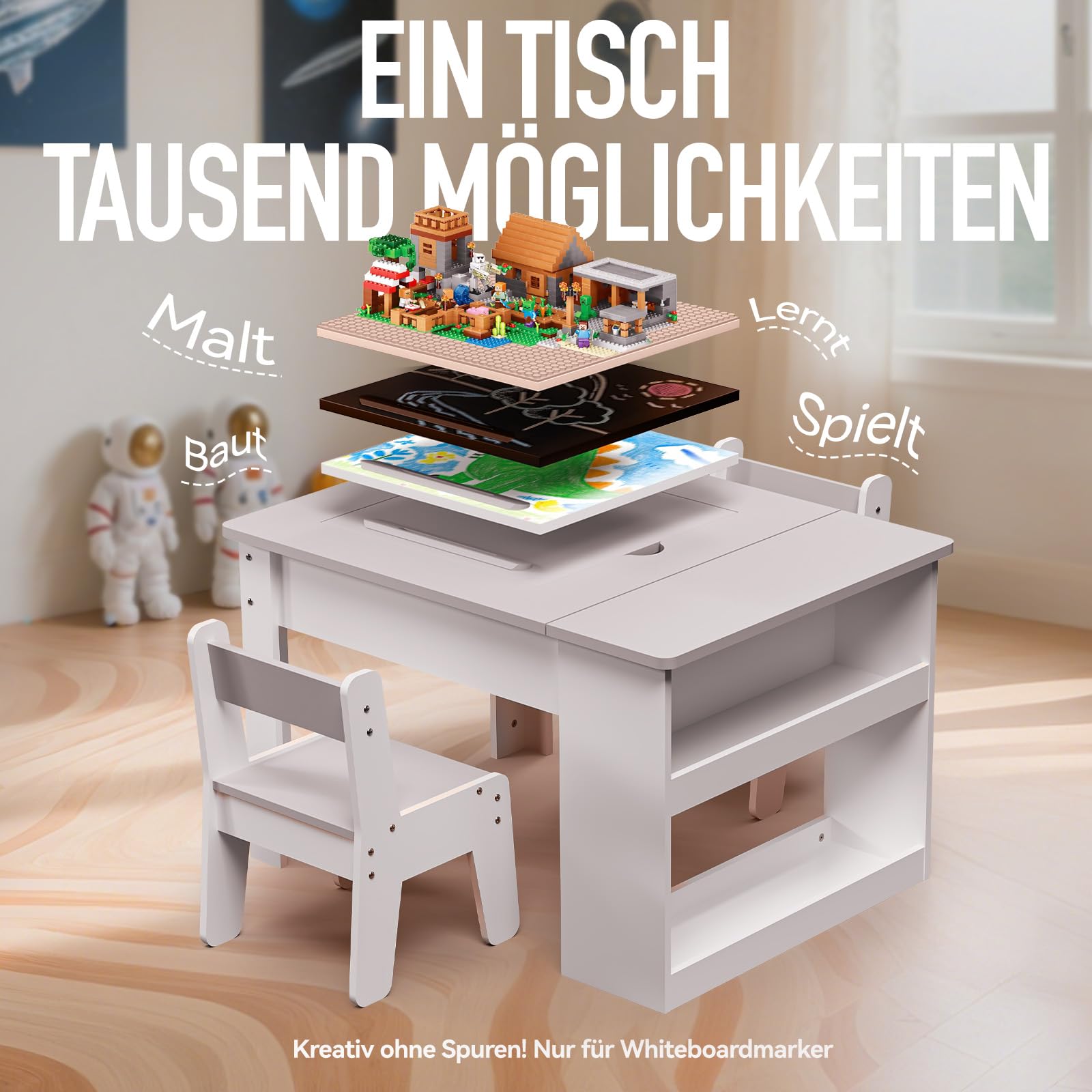 kindertisch mit 2 stühlen,Multifunktion Spielen Malen Lesen, 4 Wechselplatten, verstellbar & kippsicher, Stauraum, stabil bis 60kg, sicher ab 3 Jahre