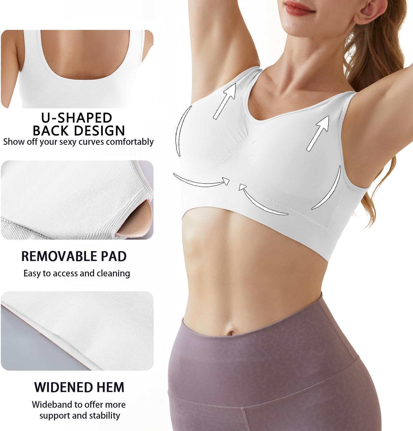 Memoryee Sports Bras Women 3 Pack Set Plus Size for Large Breasts Non Wired Inserts Washable Padded Push Up Vest Crop Top