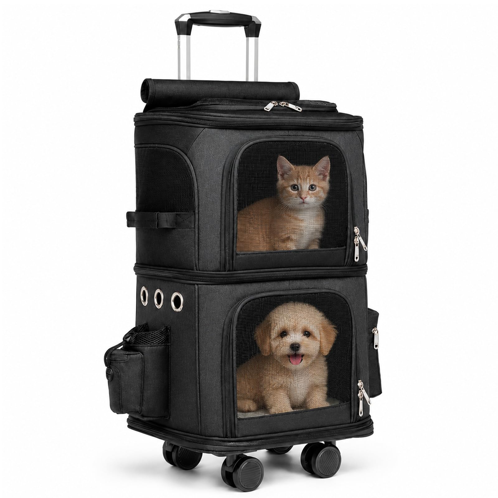 Double-Compartment Pet Carrier with Wheels, Portable Pet Luggage, Removable Internal Partition, Ventilation Design With Storage Compartments on Both Sides, for 2 Cats/Small Dogs/Rabbits