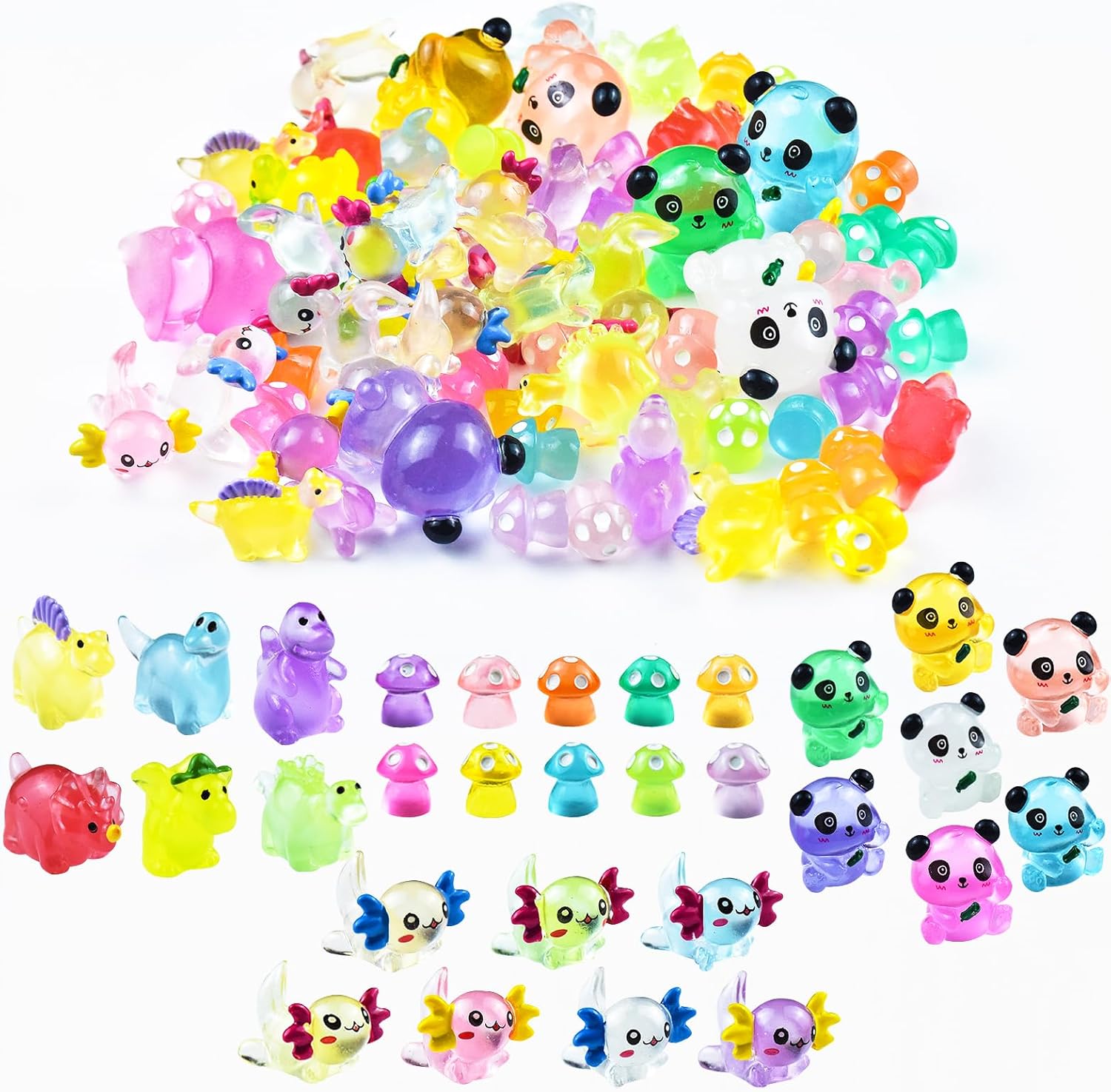 HOMICO 69 PCS Luminous Mini Resin Animals Kit Include Miniature Axolotl Panda Dinosaur Figurines and Tiny Mushroom Tiny Resin Animals for Garden Micro Landscape Aquarium Dollhouse Decor