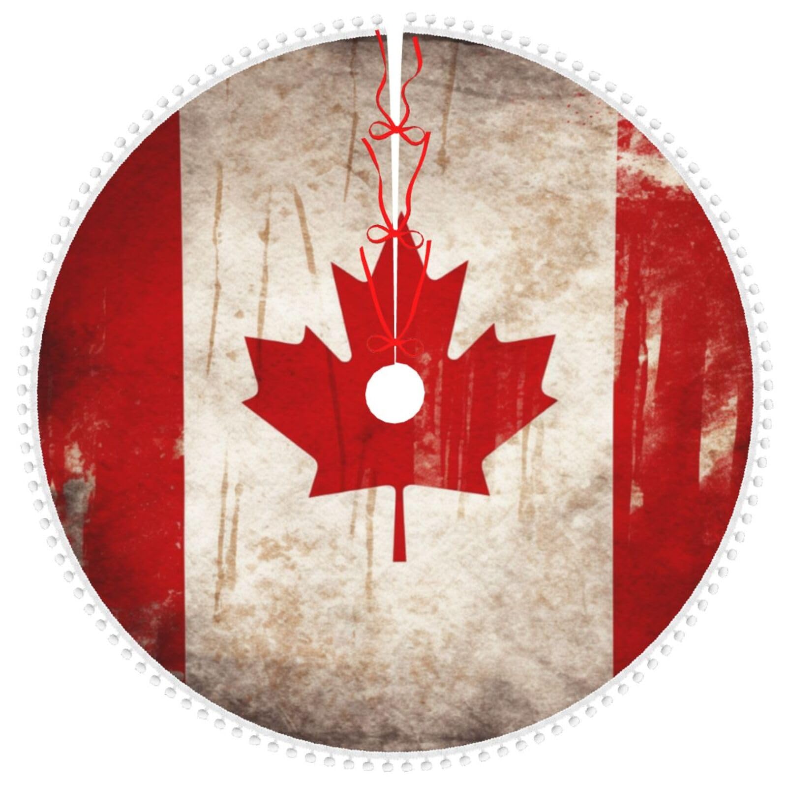 Jupe de sapin de Noël rétro Canada 122 cm double couche avec pompons pour fêtes