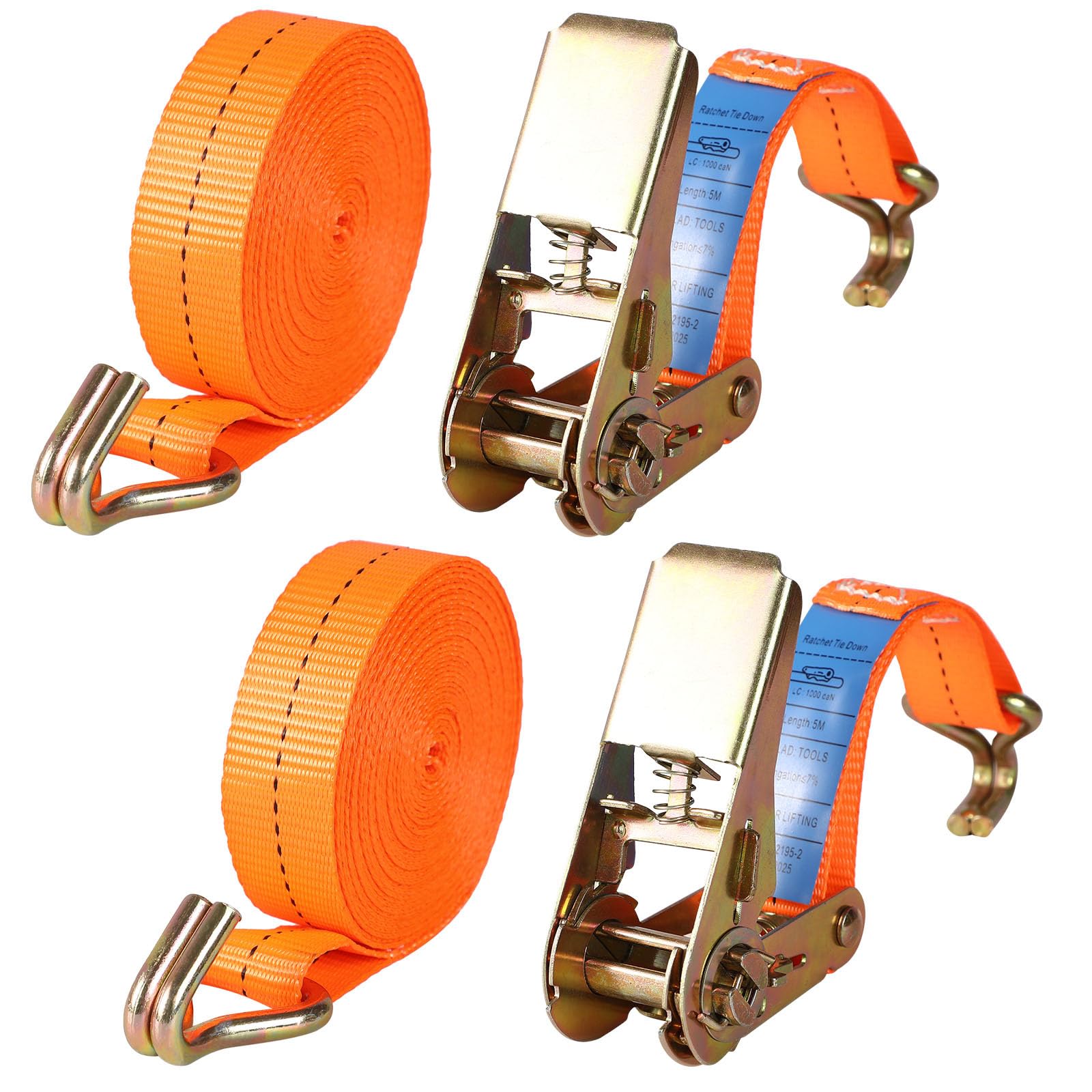 2 PCS Ratchet Tie Down Straps 5m x 25mm, 1763lb Break Strength, Heavy Duty Lashing Strap, Bearing 800KG Securing Straps with Handle and Metal J Hook for Trucks, Cars, Motorcycles