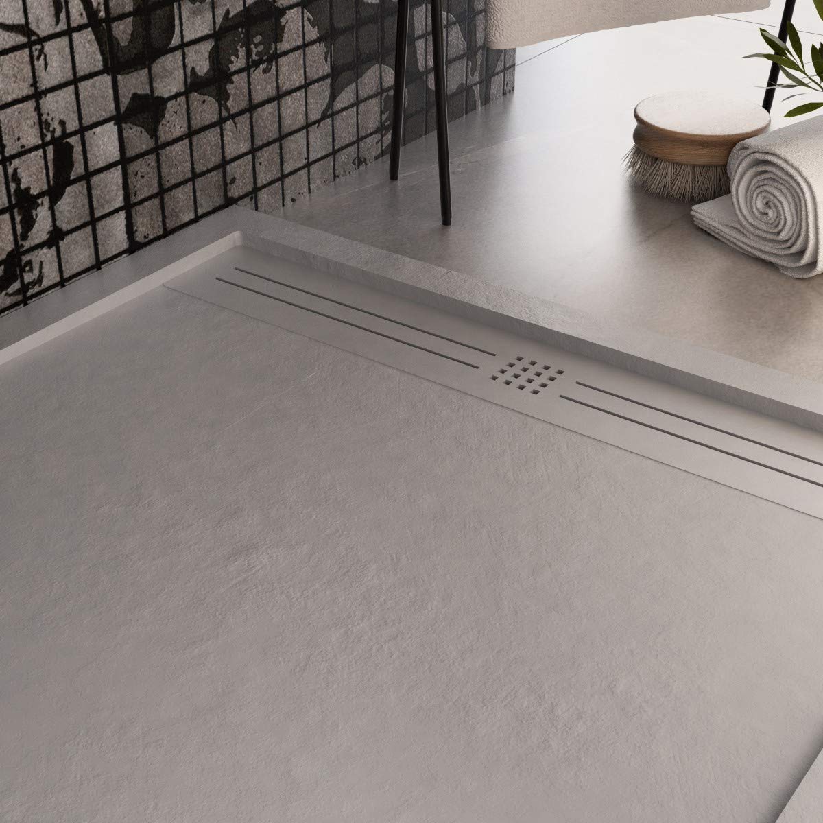 Luminosa ArredoBagno Plato de ducha Marmoresina de 80 x 120 cm, efecto piedra antideslizante con gelcoat, modelo Berlín, color gris, parrilla y desagüe incluidos