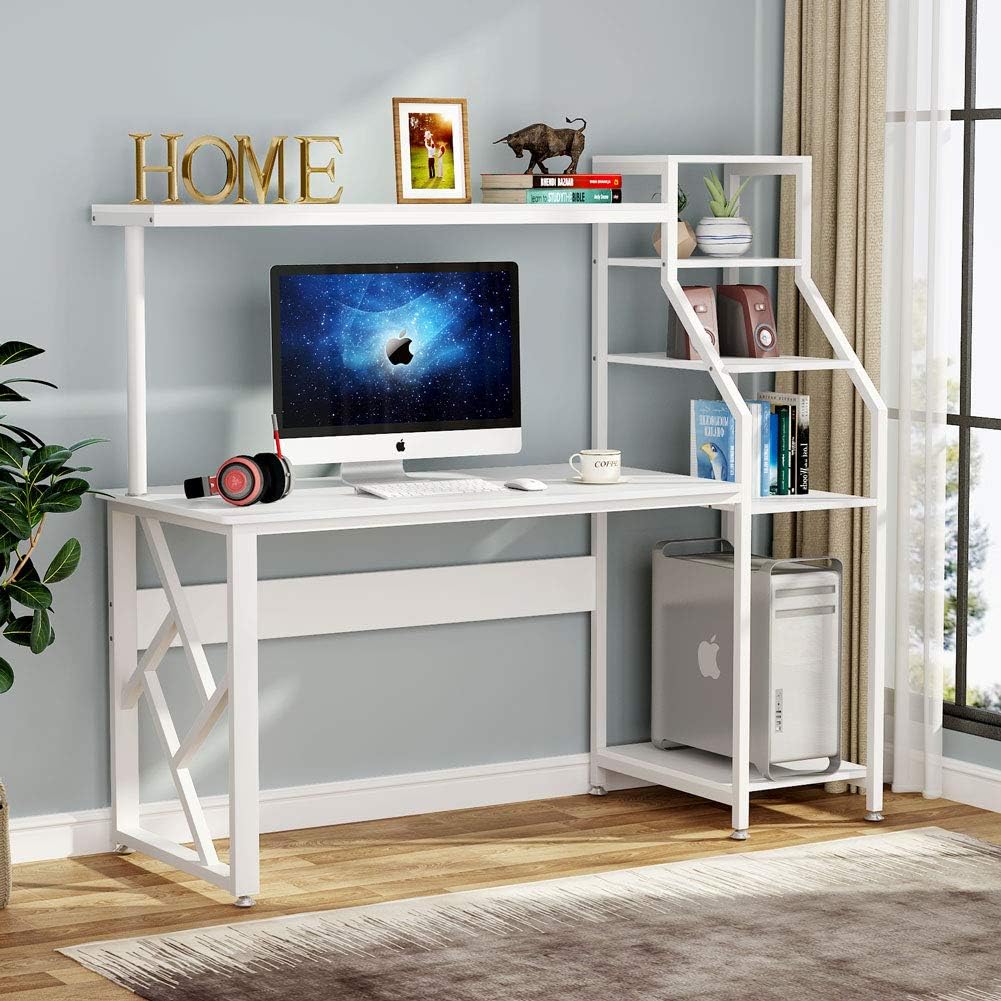 Tribesigns Computer Desk with 4-Tier Storage Shelves, 60 inch Large Modern Office Desk Computer Table Studying Writing Desk Workstation with Hutch, Bookshelf and Tower Storage for Home Office(White)