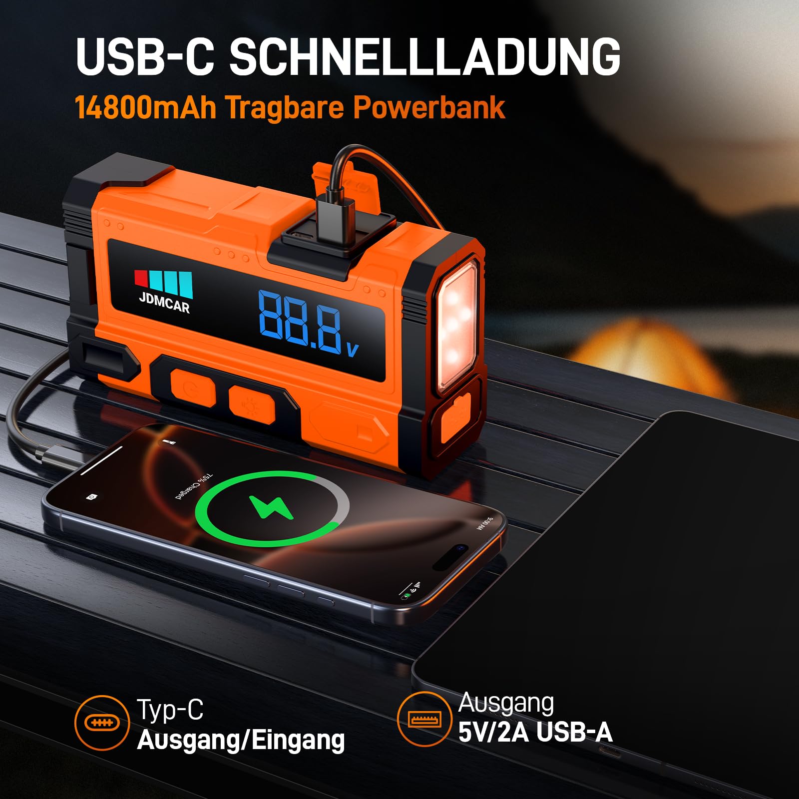 JDMCAR 9000A 14.8V Auto Starthilfe Powerbank mit LCD Bildschirm & LED Taschenlampe