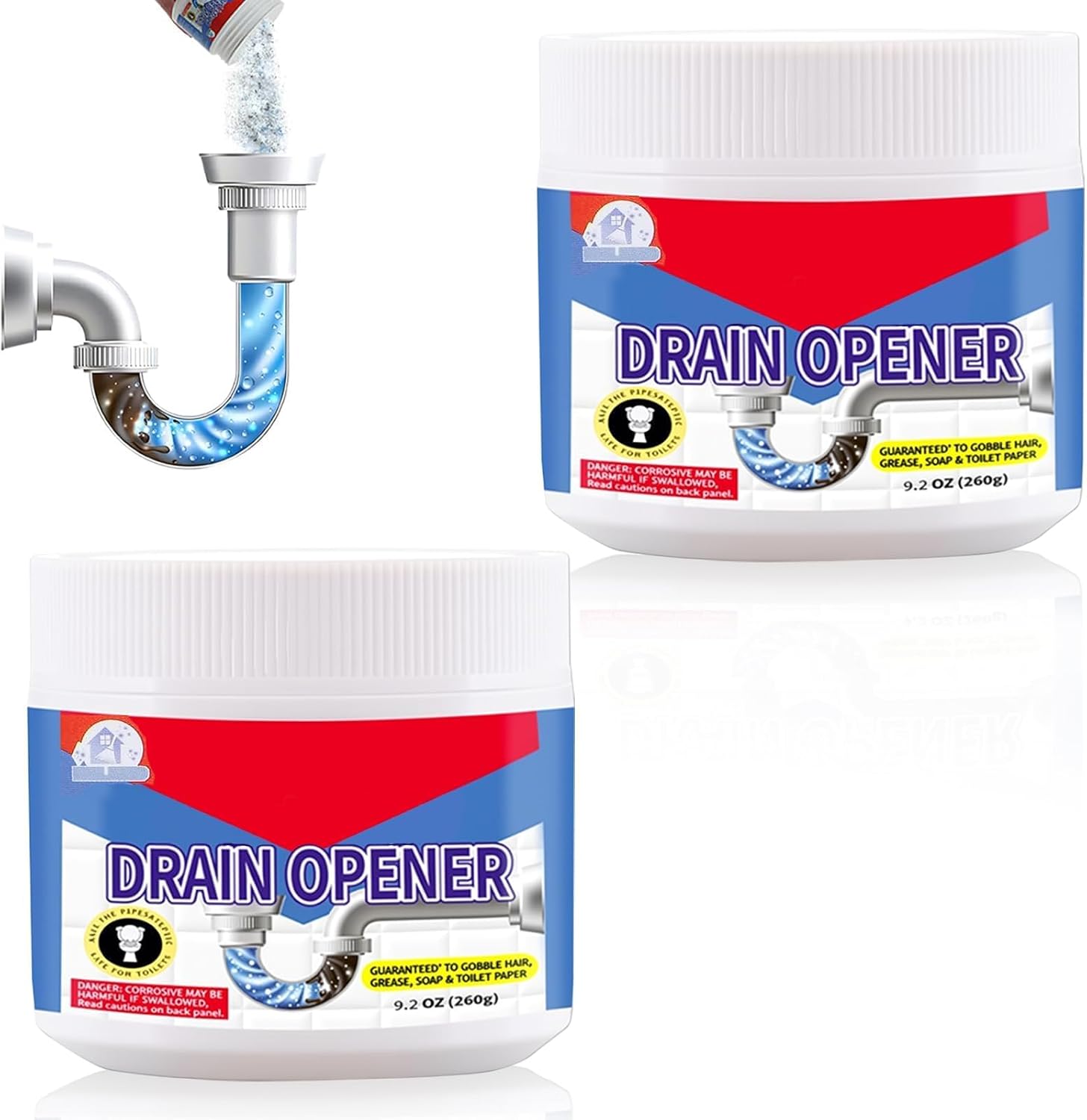 Crystal Lye Drain Opener, Pure Sodium Hydroxide Pellets Powerful Clog Remover for Bathroom & Kitchen Sinks, Drains & Shower Pipes - Pipe-Safe for PVC/Metal/Plastic - 2PCS(520g)