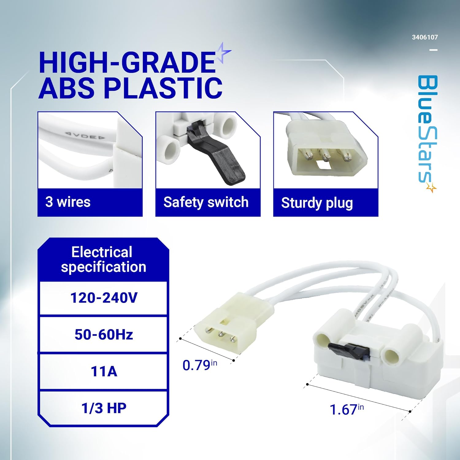 BlueStars WP3406107 3406107 Dryer Door Switch - for Whirlpool Maytag Kenmore Dryers - Replaces 3406109 3405100 3405101 3406100 AED4475TQ1 MEDC400VW0 Series 60/70/ 80/90/ 500/600/ 700/800 - Pack of 6