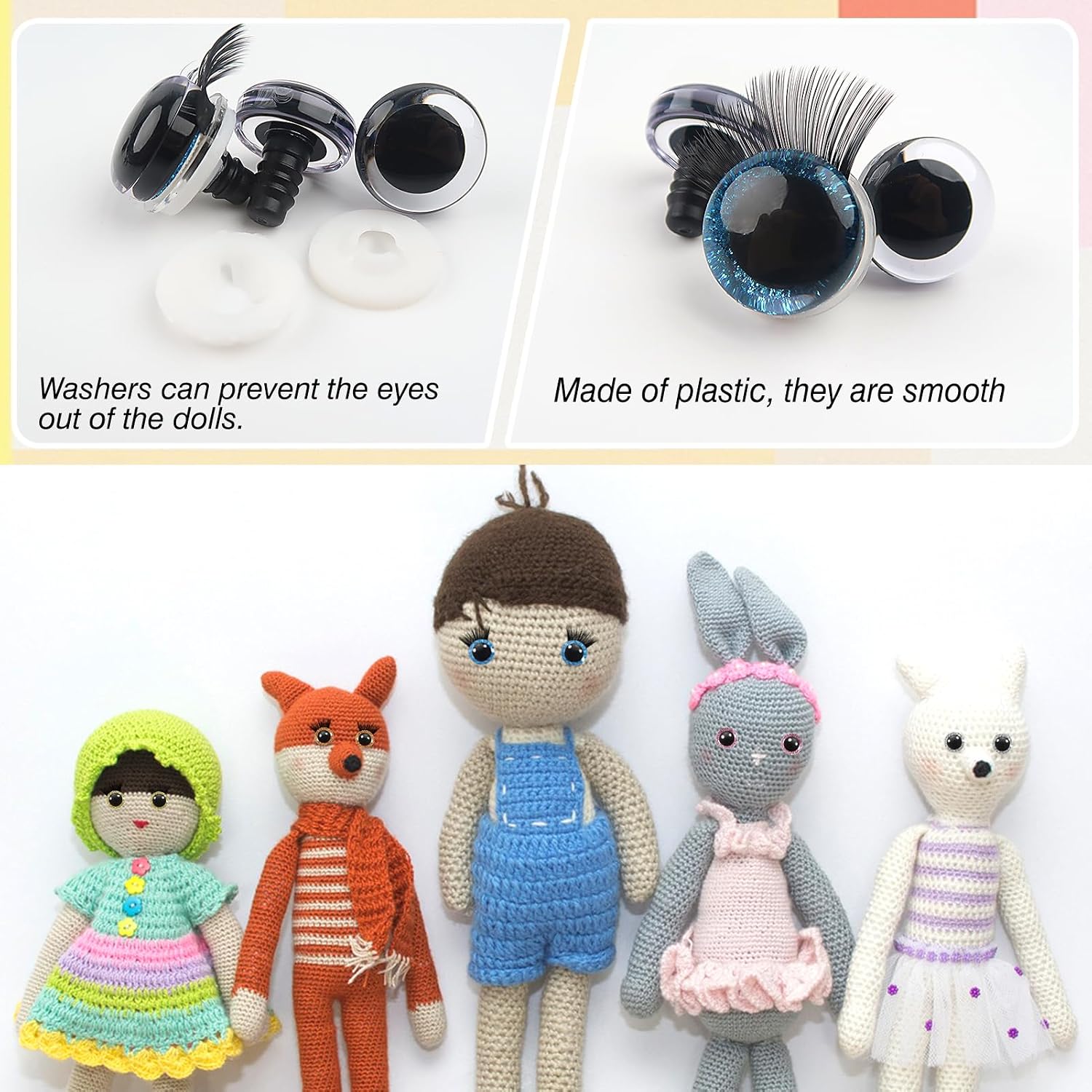 TOAOB 14pcs 12mm Safety Eyes Plastic Glitter Safety Eyes with Eyelashes and Washers for Amigurumis 7 Colors Craft Crochet Eyes for DIY Puppet Stuffed Animals Doll Making