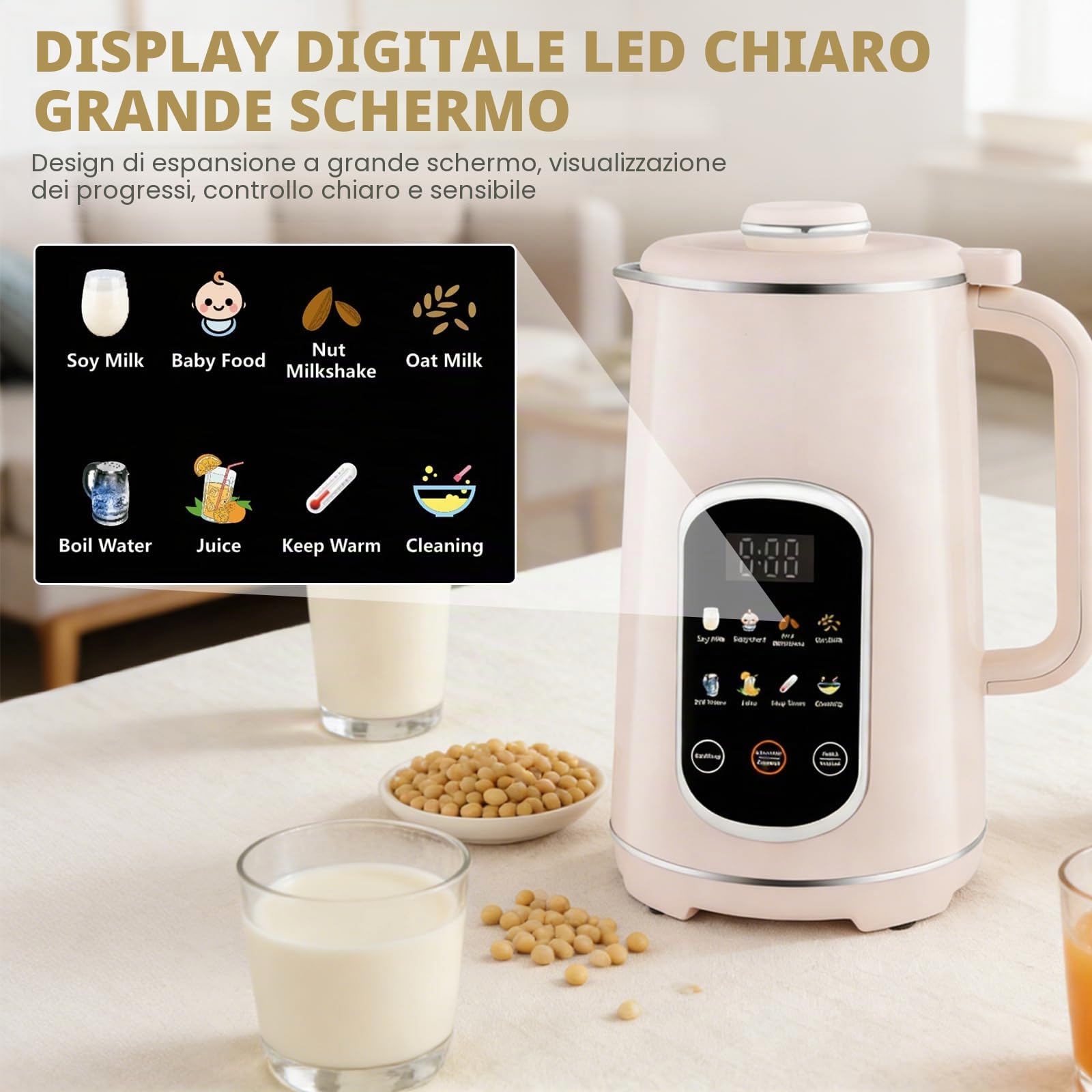 Macchina per latte di noci 8 in 1 con pannello touch Icon, latticino vegetale 1200 ml con autopulente, timer e funzione di mantenimento del caldo – Latte di soia e avena macchina per latte di mandorle
