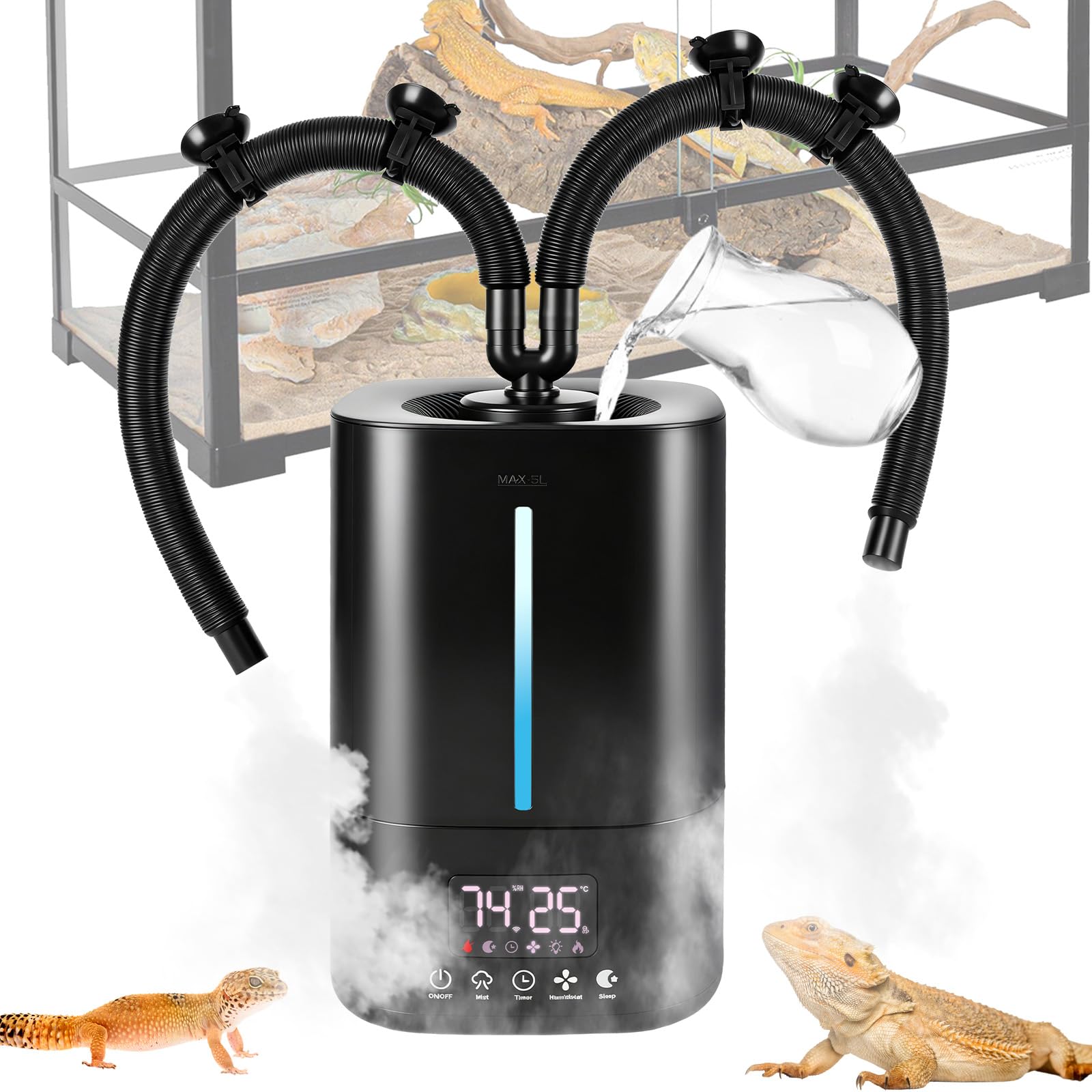 Terrarium Luftbefeuchter Vernebler, 5L Reptilien-Luftbefeuchter Nebelmaschine mit Doppeldüsen, 177,8 cm externer Feuchtigkeitssensor, 3 Stufen, leiser Nebel, Luftbefeuchter für