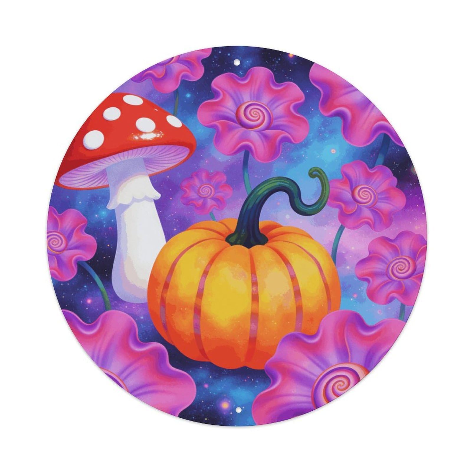 LZQPOEAS Groovy Flowers Mushroom Pumpkin Round Aluminum Wall Art Sign, Metal Indoor Wall Decor with Holes, Durable Circular Aluminum Plaque for Home, Bar, Cafe, Living Room, And Office Decoration