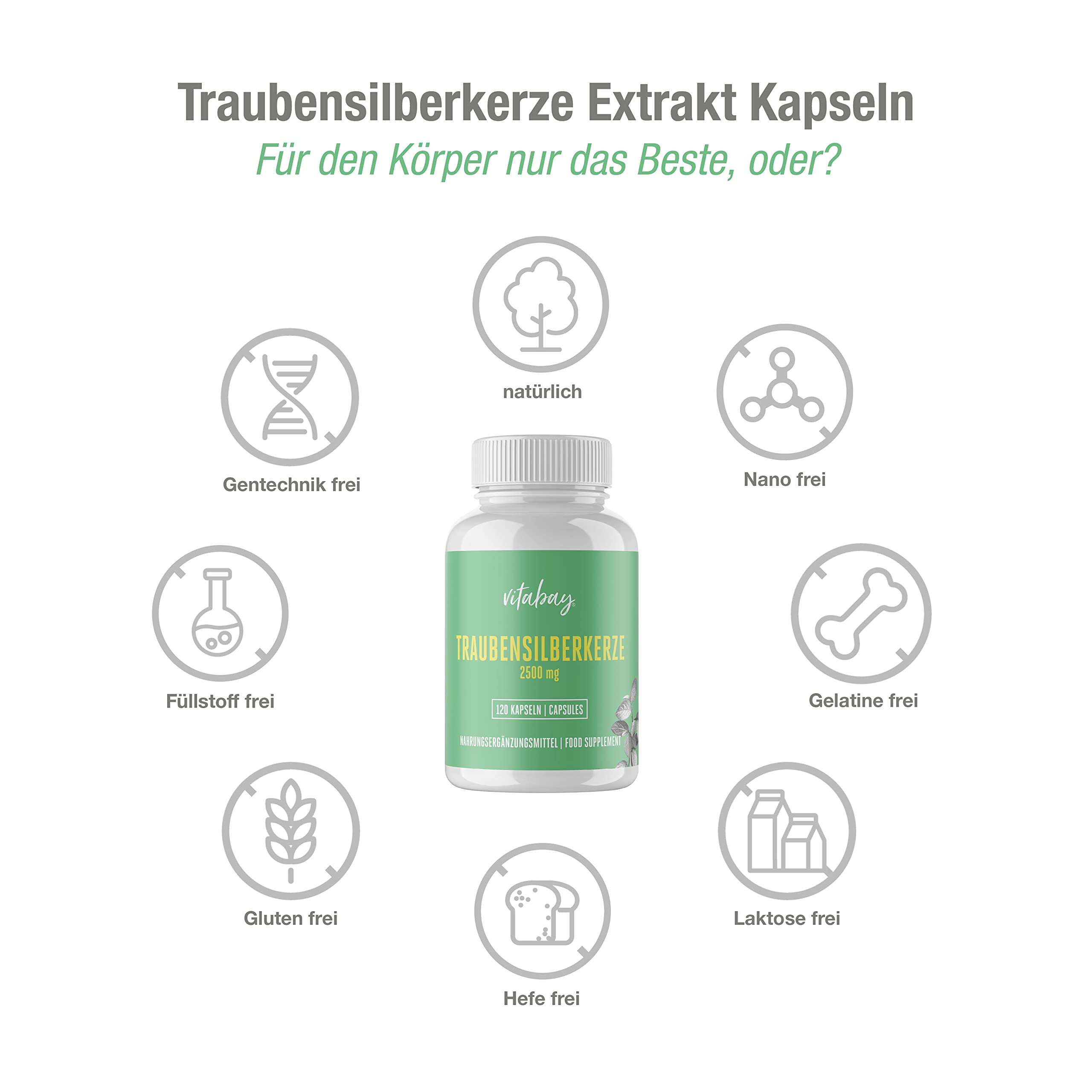 Vitabay Cimicifuga Racemosa 2.500 mg – 120 capsule vegane – Estratto di Cimicifuga racemosa (Black Cohosh) – estratto concentrato 5:1 di rizoma – testato in laboratorio in Germania – scorta 4 mesi