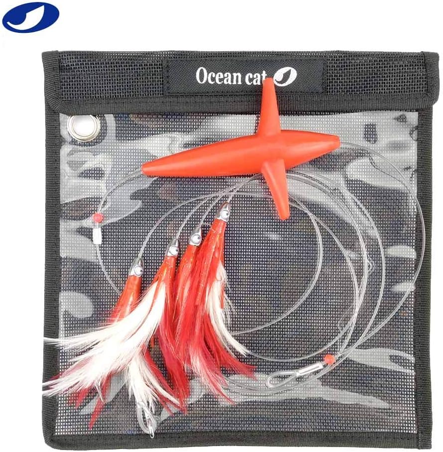 OCEAN CAT 5 inches Daisy Chain Trolling Lures with Brid Feather Teaser Saltwater Offshore Big Game Trolling Lure Bag for Marlin Tuna Mahi Dolphin Durado Wahoo Mesh